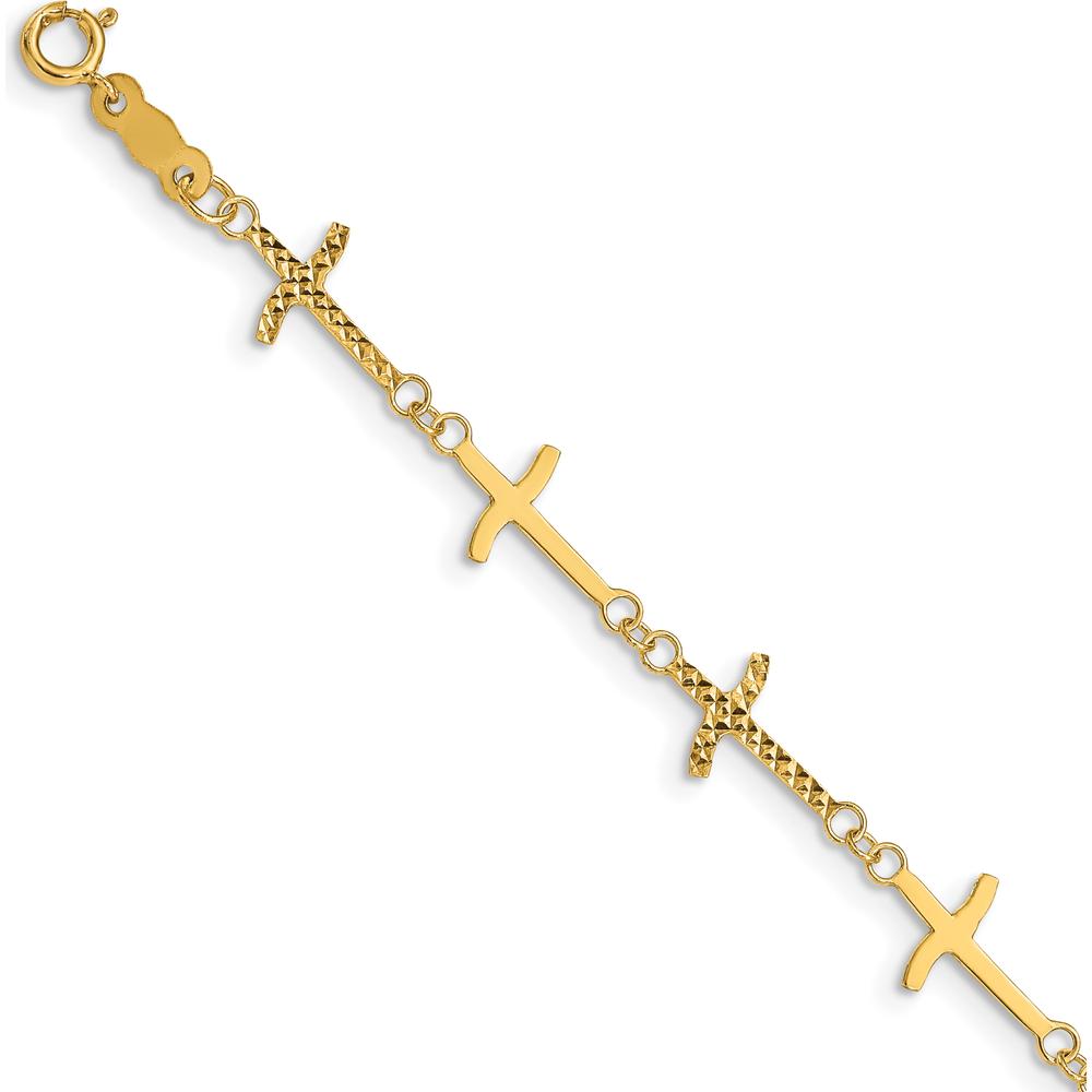 14K Yellow Gold Polished and Diamond-Cut Crosses 7" Bracelet with 1" Extender by Oro Pregiato