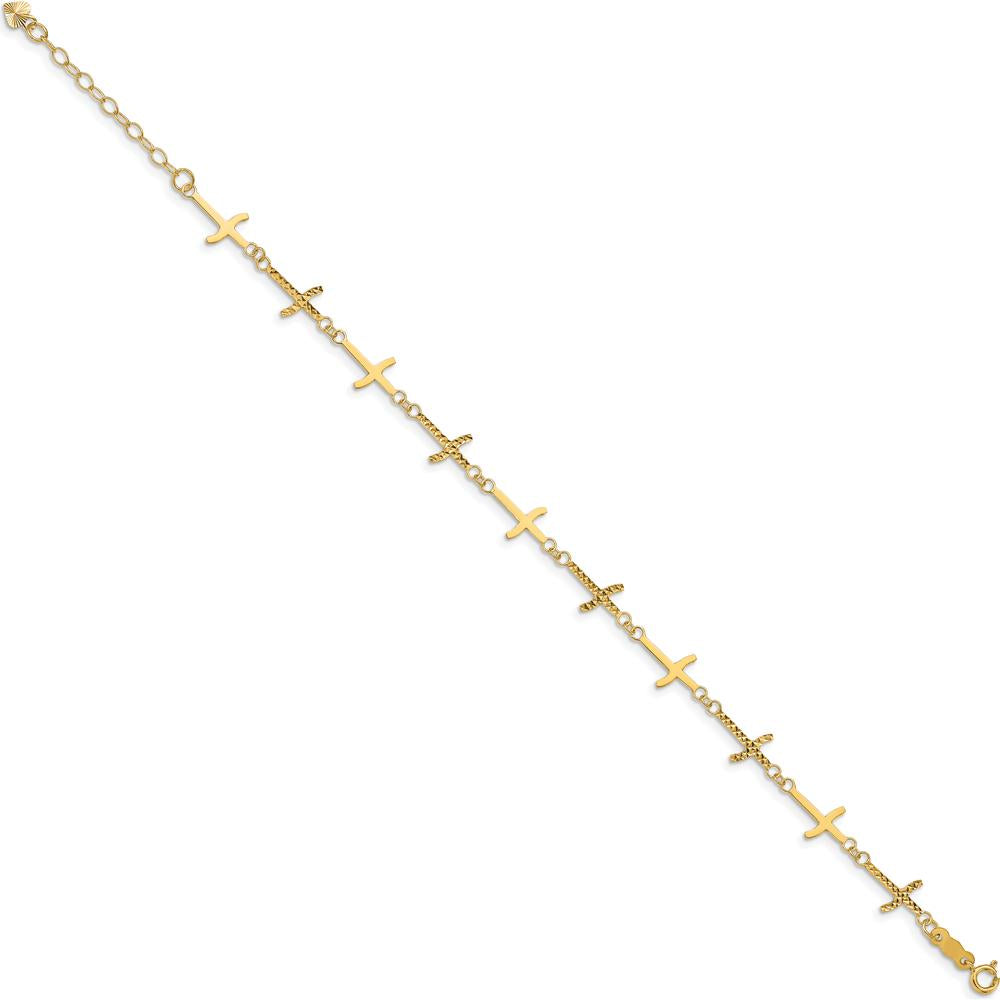 14K Yellow Gold Polished and Diamond-Cut Crosses 7" Bracelet with 1" Extender by Oro Pregiato