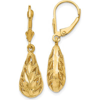 14K Yellow Gold Polished and Diamond-Cut Dangle Leverback Earrings - Elegant Drop Design by Oro Pregiato