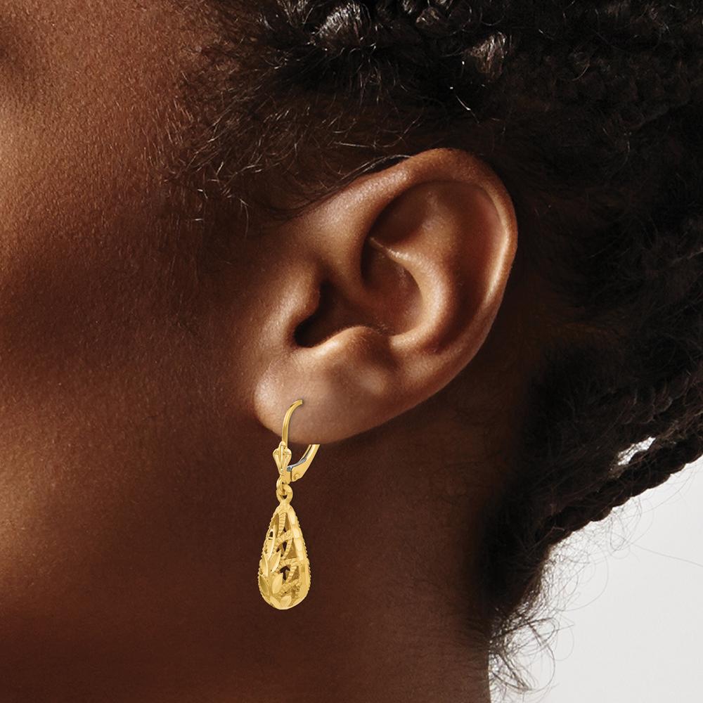 14K Yellow Gold Polished and Diamond-Cut Dangle Leverback Earrings - Elegant Drop Design by Oro Pregiato