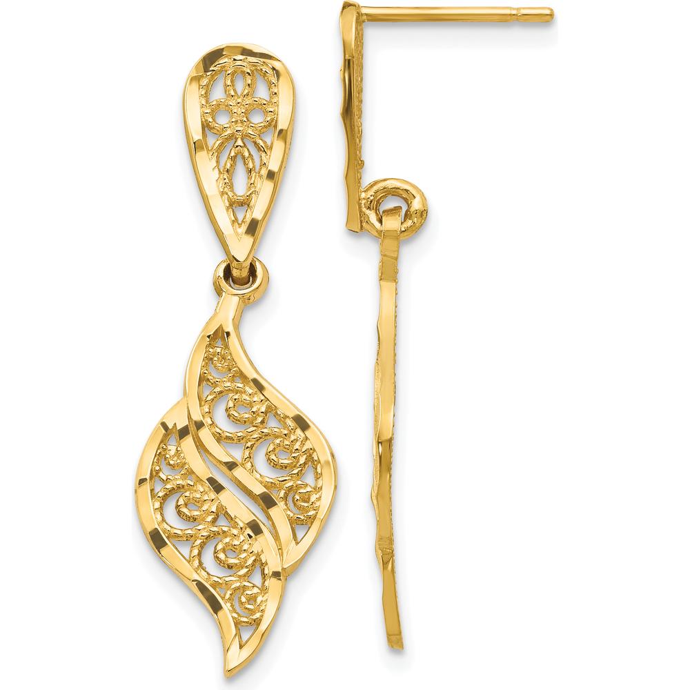 14K Yellow Gold Polished & Diamond-Cut Filigree Swirl Dangle Earrings - Elegant Drop Design by Oro Pregiato