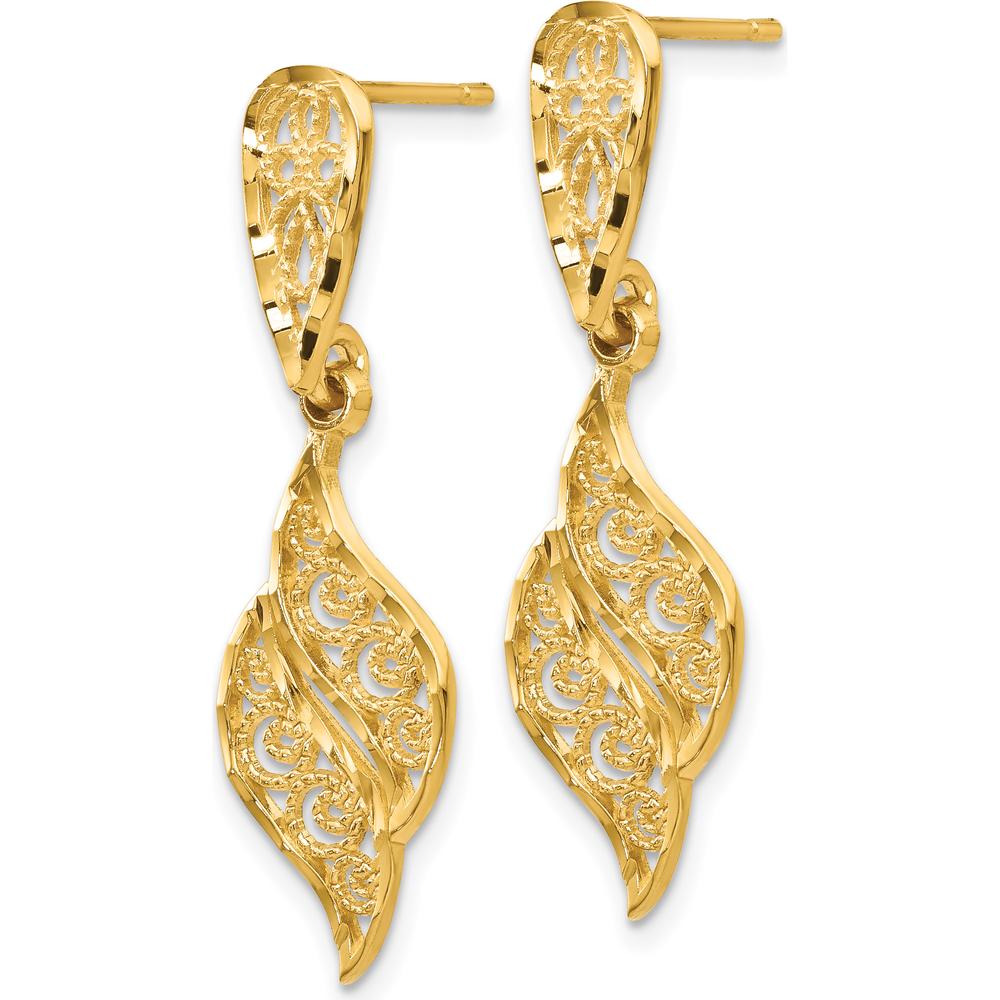 14K Yellow Gold Polished & Diamond-Cut Filigree Swirl Dangle Earrings - Elegant Drop Design by Oro Pregiato