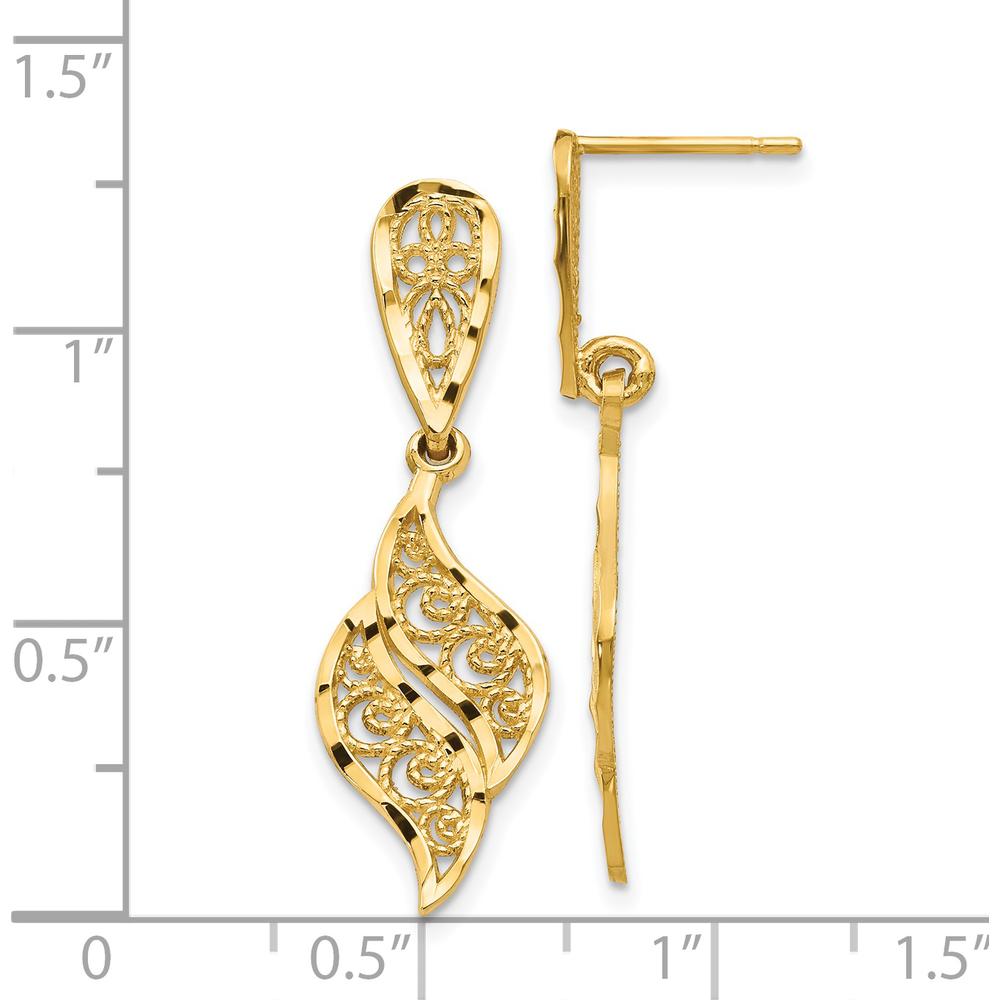 14K Yellow Gold Polished & Diamond-Cut Filigree Swirl Dangle Earrings - Elegant Drop Design by Oro Pregiato