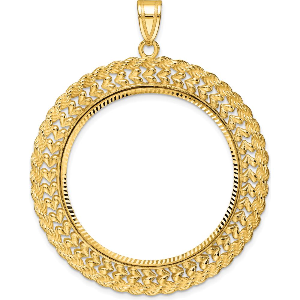 14K Yellow Gold Polished and Diamond-Cut Heart and Rope Coin Bezel Pendant - 44.8mm Width, 48mm Length by Numis Coin Jewelry