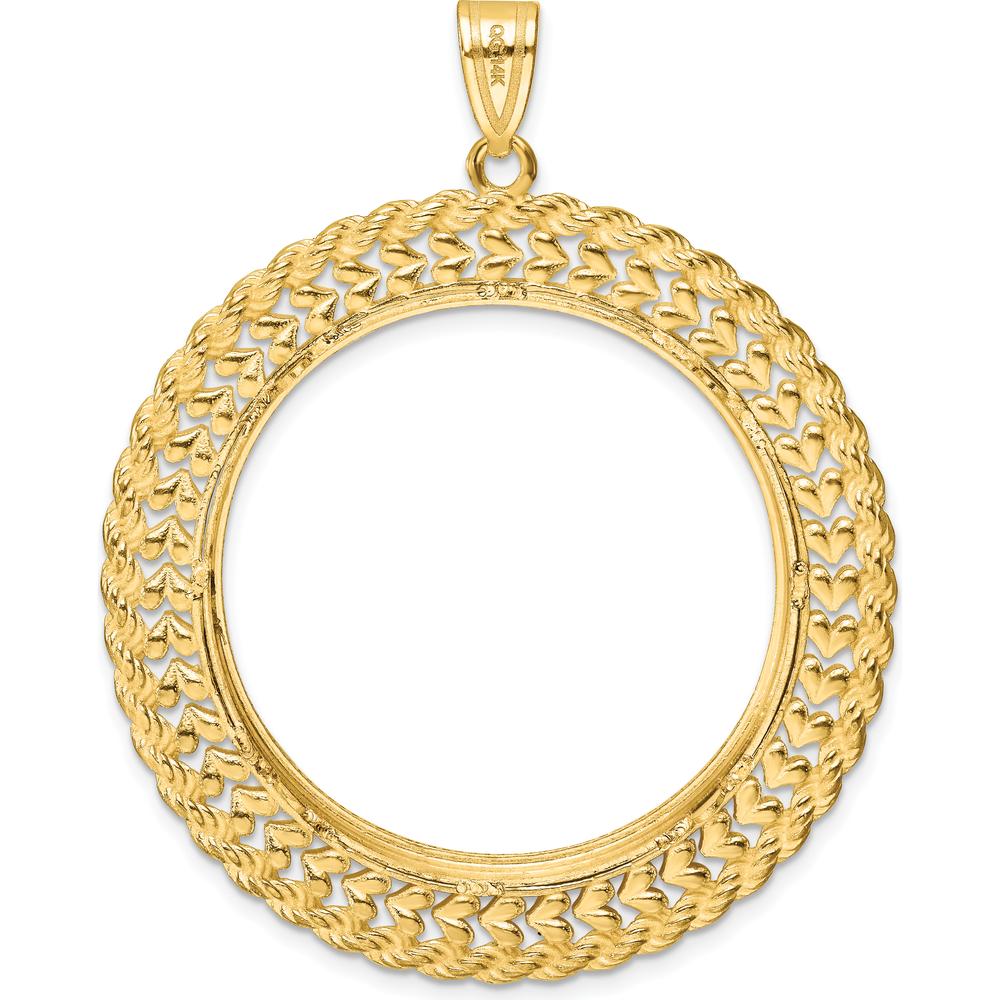 14K Yellow Gold Polished and Diamond-Cut Heart and Rope Coin Bezel Pendant - 44.8mm Width, 48mm Length by Numis Coin Jewelry