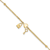 14K Yellow Gold Polished and Diamond-Cut Heart Lock and Key Bracelet with 0.5" Extender by Oro Pregiato