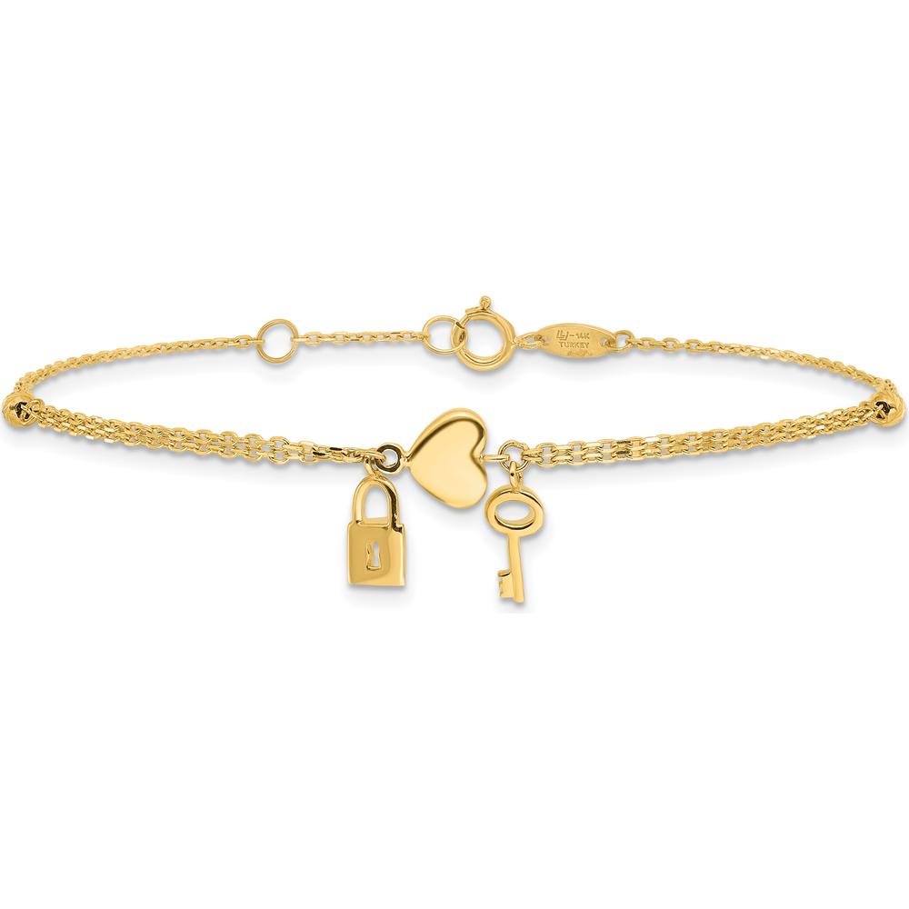 14K Yellow Gold Polished and Diamond-Cut Heart Lock and Key Bracelet with 0.5" Extender by Oro Pregiato