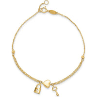 14K Yellow Gold Polished and Diamond-Cut Heart Lock and Key Bracelet with 0.5" Extender by Oro Pregiato