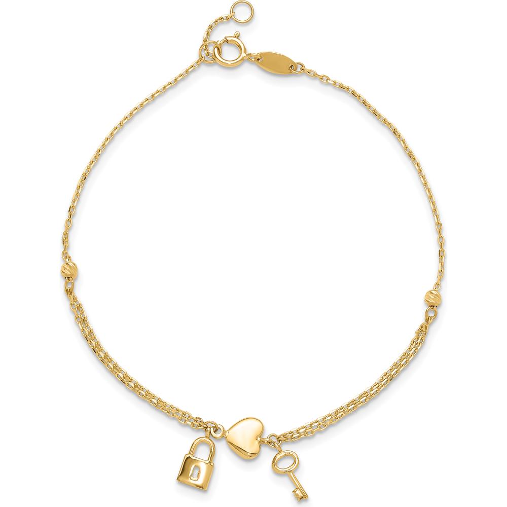 14K Yellow Gold Polished and Diamond-Cut Heart Lock and Key Bracelet with 0.5" Extender by Oro Pregiato