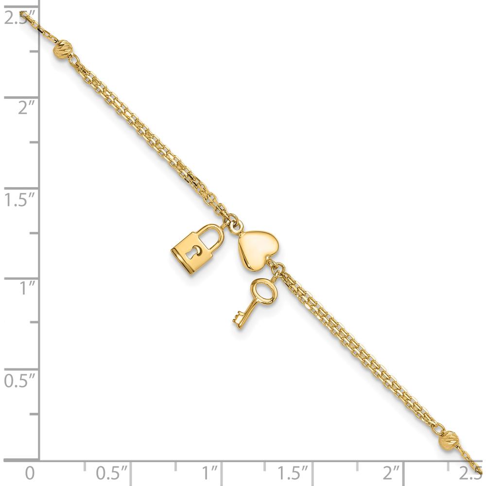14K Yellow Gold Polished and Diamond-Cut Heart Lock and Key Bracelet with 0.5" Extender by Oro Pregiato