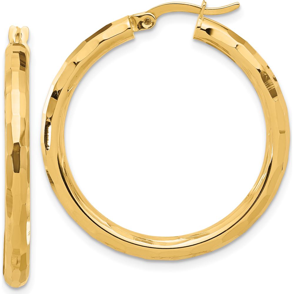 14K Yellow Gold Polished and Diamond-Cut Hoop Earrings - 33.5mm Length by 0