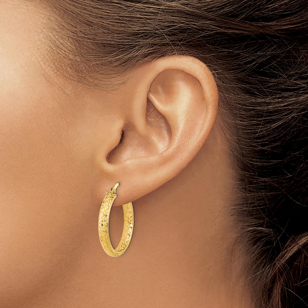 14K Yellow Gold Polished and Diamond-Cut Inside and Out Fancy Hoop Earrings - 25.79mm Length by 0