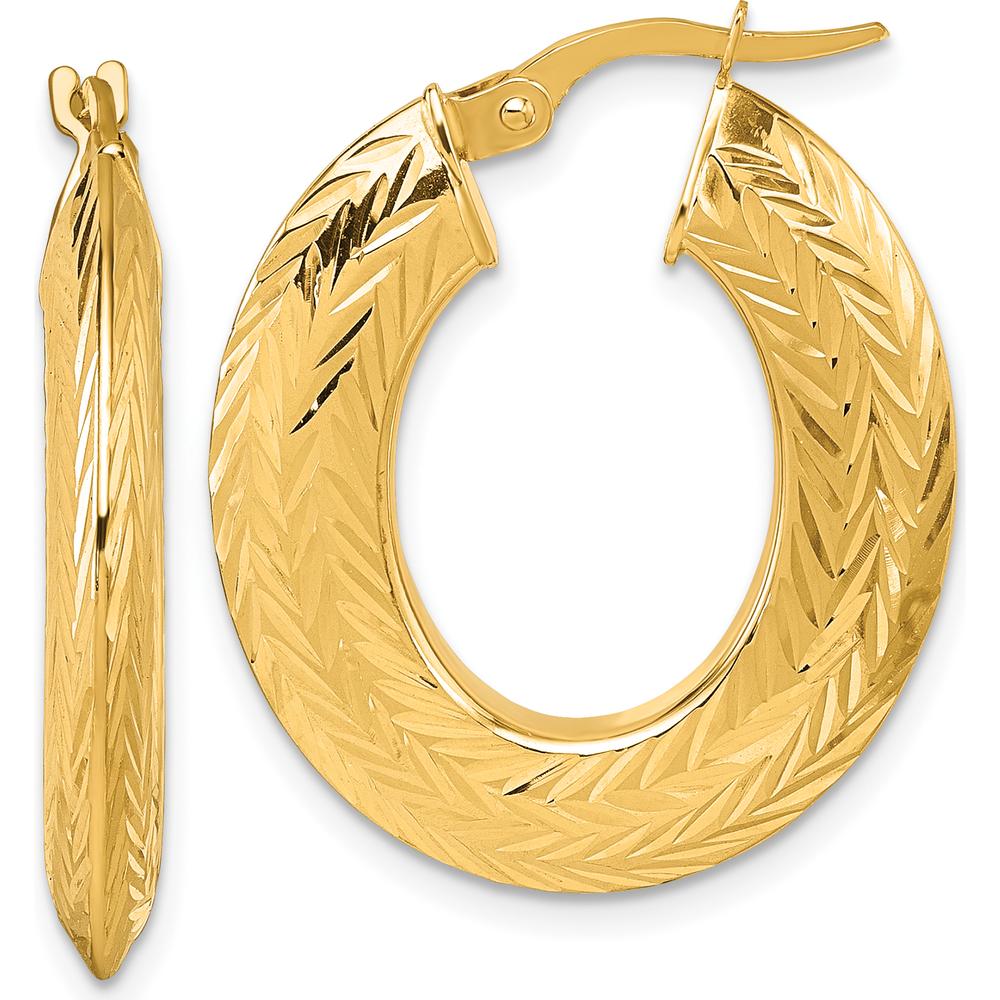 14K Yellow Gold Polished and Diamond-cut Knife-edge Oval Tube Hoop Earrings - 27mm by 0