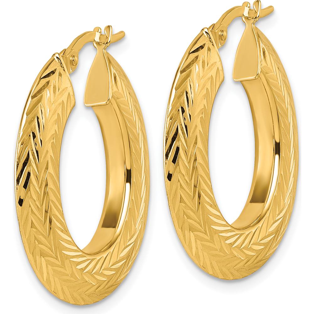 14K Yellow Gold Polished and Diamond-cut Knife-edge Oval Tube Hoop Earrings - 27mm by 0