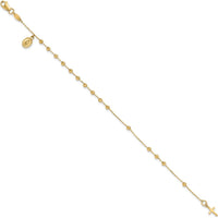14K Yellow Gold Polished and Diamond-Cut Rosary Bracelet with Miraculous Medal and Cross Charm - 7.5" Length by Oro Pregiato