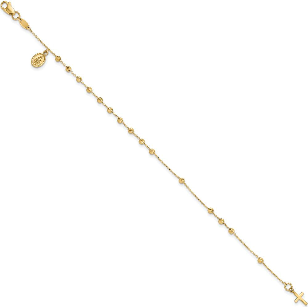 14K Yellow Gold Polished and Diamond-Cut Rosary Bracelet with Miraculous Medal and Cross Charm - 7.5" Length by Oro Pregiato