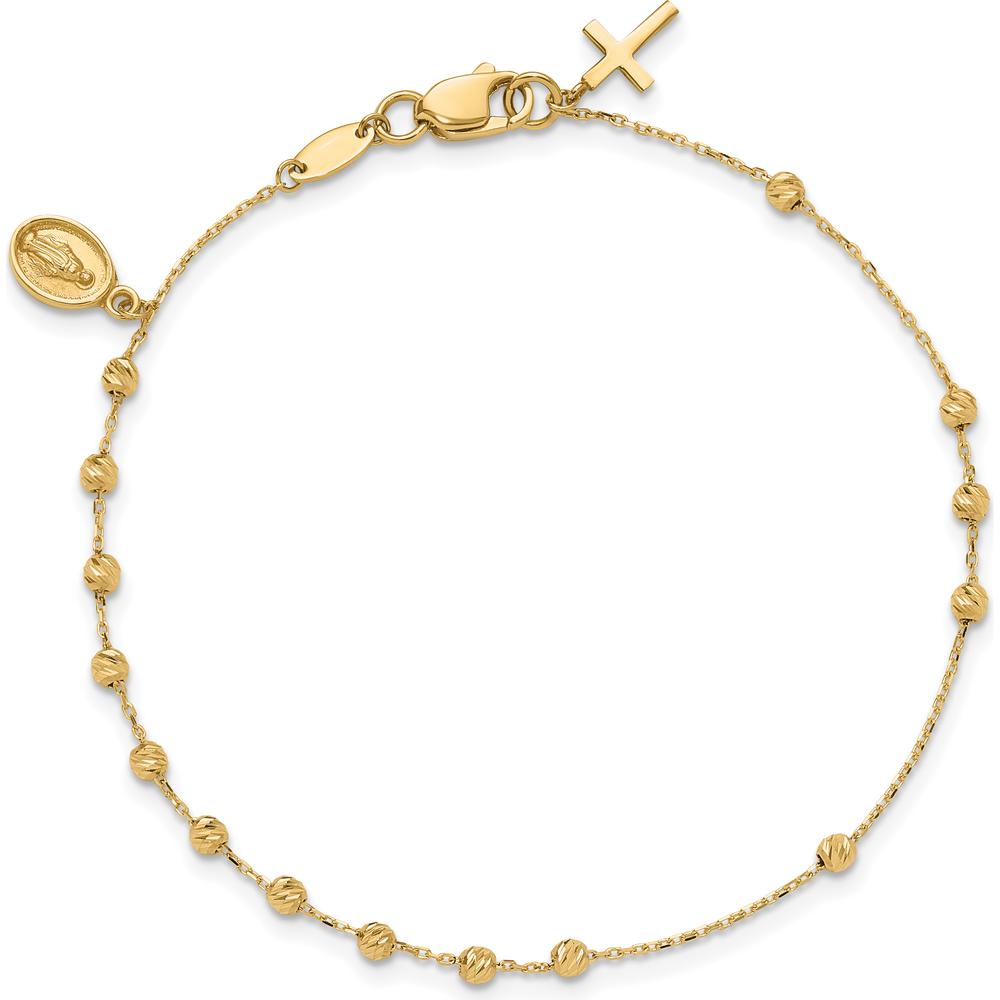 14K Yellow Gold Polished and Diamond-Cut Rosary Bracelet with Miraculous Medal and Cross Charm - 7.5" Length by Oro Pregiato
