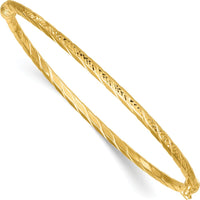 14K Yellow Gold Polished and Diamond-Cut Twisted 3.00mm Hinged Oval Bangle Bracelet by Oro Pregiato