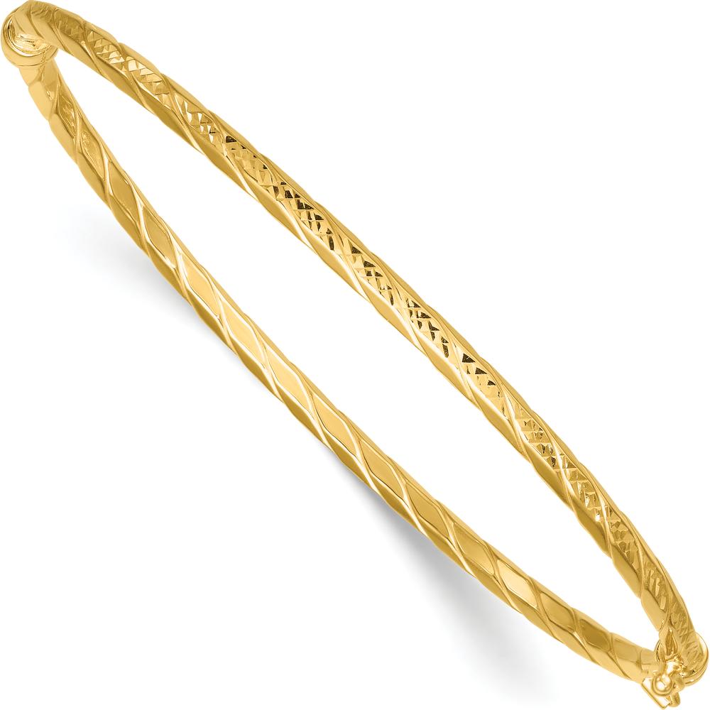 14K Yellow Gold Polished and Diamond-Cut Twisted 3.00mm Hinged Oval Bangle Bracelet by Oro Pregiato