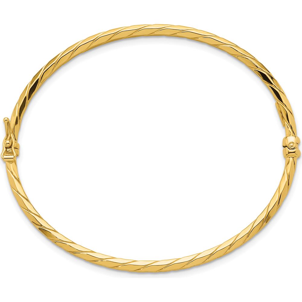 14K Yellow Gold Polished and Diamond-Cut Twisted 3.00mm Hinged Oval Bangle Bracelet by Oro Pregiato