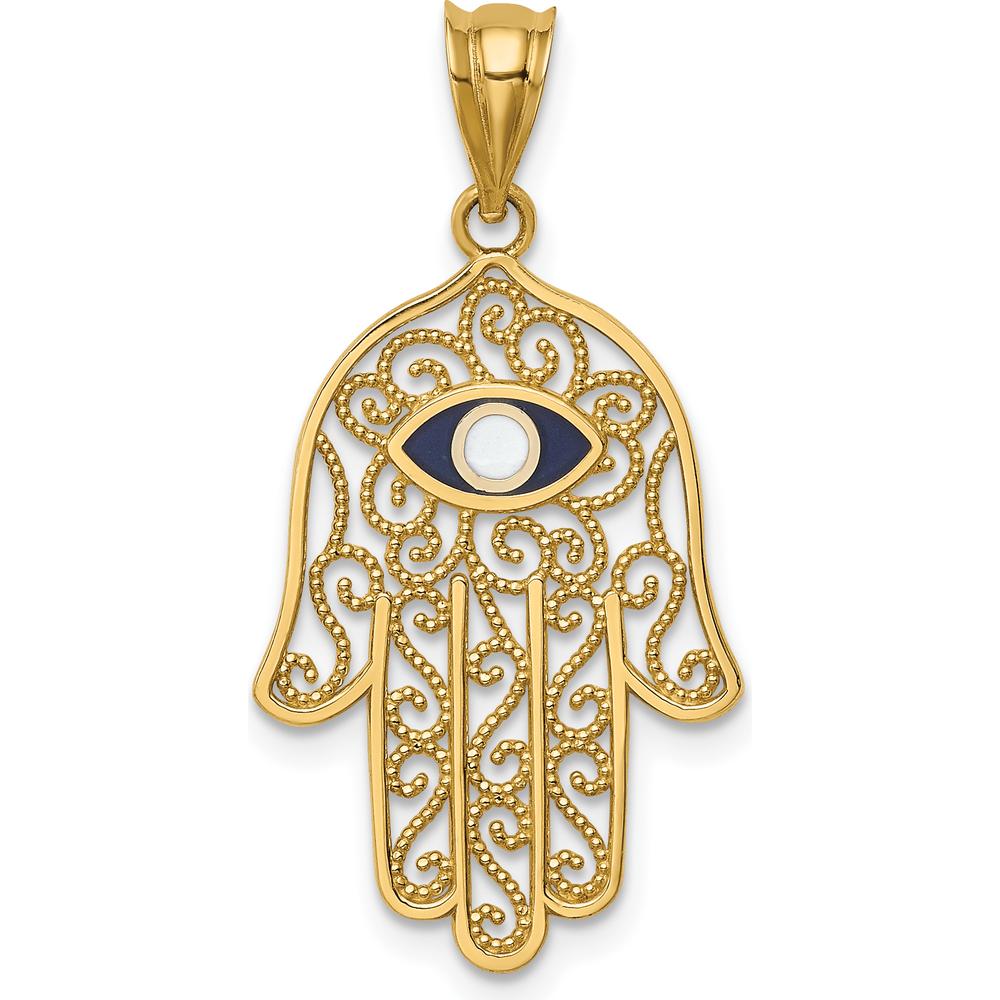 14K Yellow Gold Polished and Enameled Hamsa Pendant with Evil Eye Design - 30mm Length by Oro Pregiato