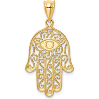 14K Yellow Gold Polished and Enameled Hamsa Pendant with Evil Eye Design - 30mm Length by Oro Pregiato