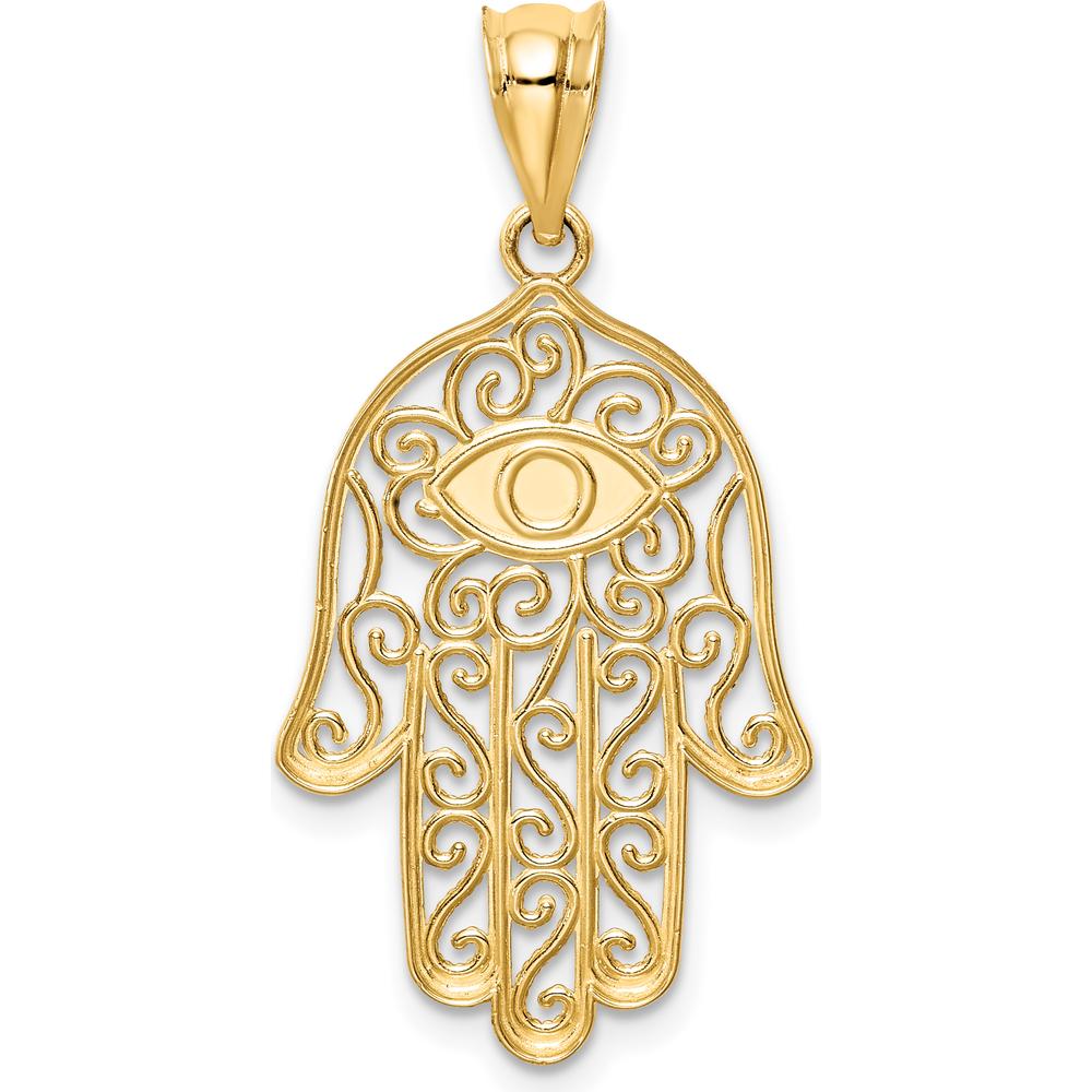 14K Yellow Gold Polished and Enameled Hamsa Pendant with Evil Eye Design - 30mm Length by Oro Pregiato