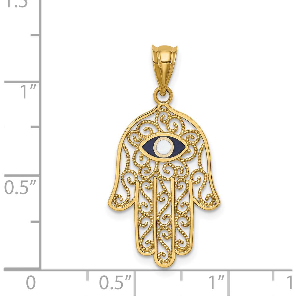 14K Yellow Gold Polished and Enameled Hamsa Pendant with Evil Eye Design - 30mm Length by Oro Pregiato