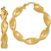 14K Yellow Gold Polished & Greek Satin Twisted Hoop Earrings - 43.6mm Length by 0