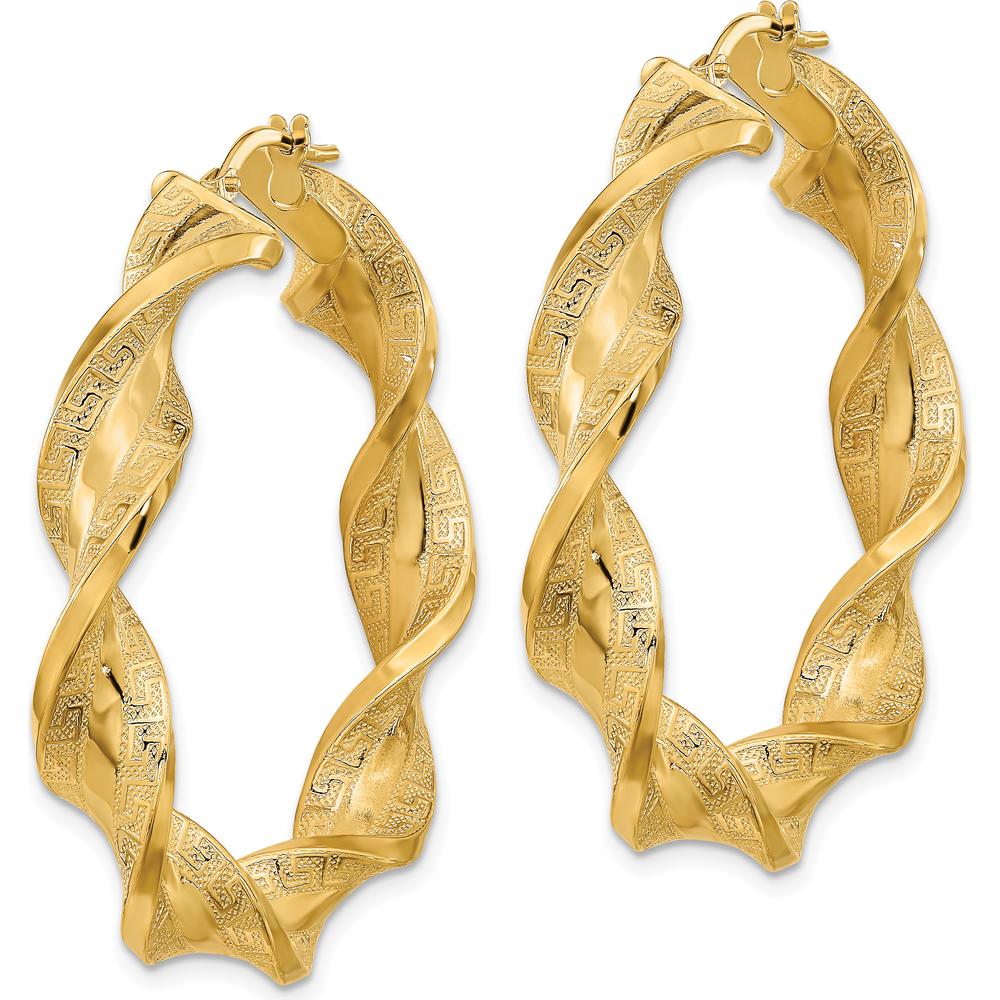 14K Yellow Gold Polished & Greek Satin Twisted Hoop Earrings - 43.6mm Length by 0