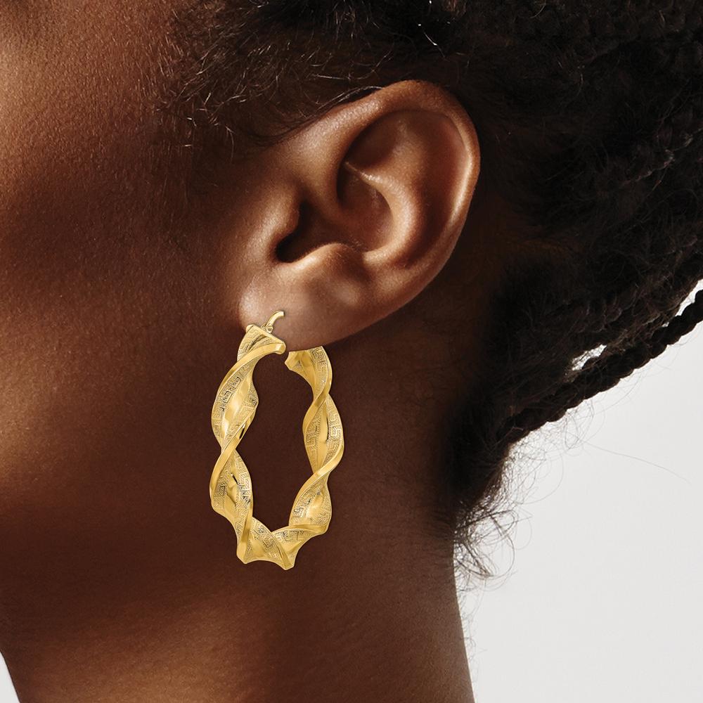 14K Yellow Gold Polished & Greek Satin Twisted Hoop Earrings - 43.6mm Length by 0