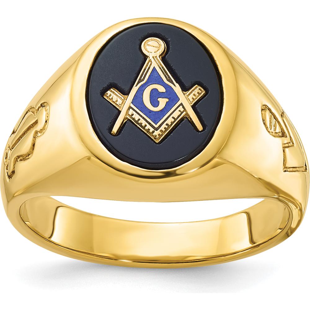 14K Yellow Gold Polished and Grooved Blue Lodge Master Masonic Ring