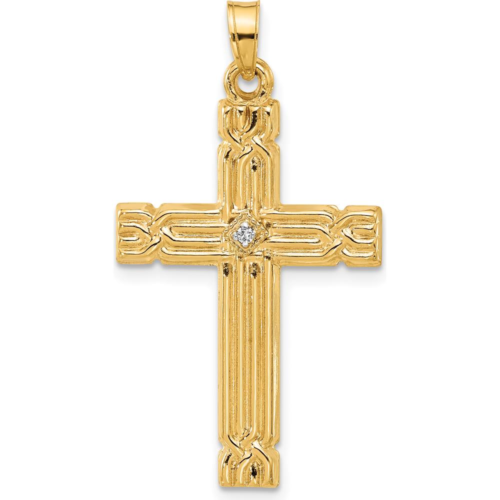14K Yellow Gold Polished and Grooved Diamond Cross Pendant - 0.05 Carat Total Diamond Weight by Oro Pregiato