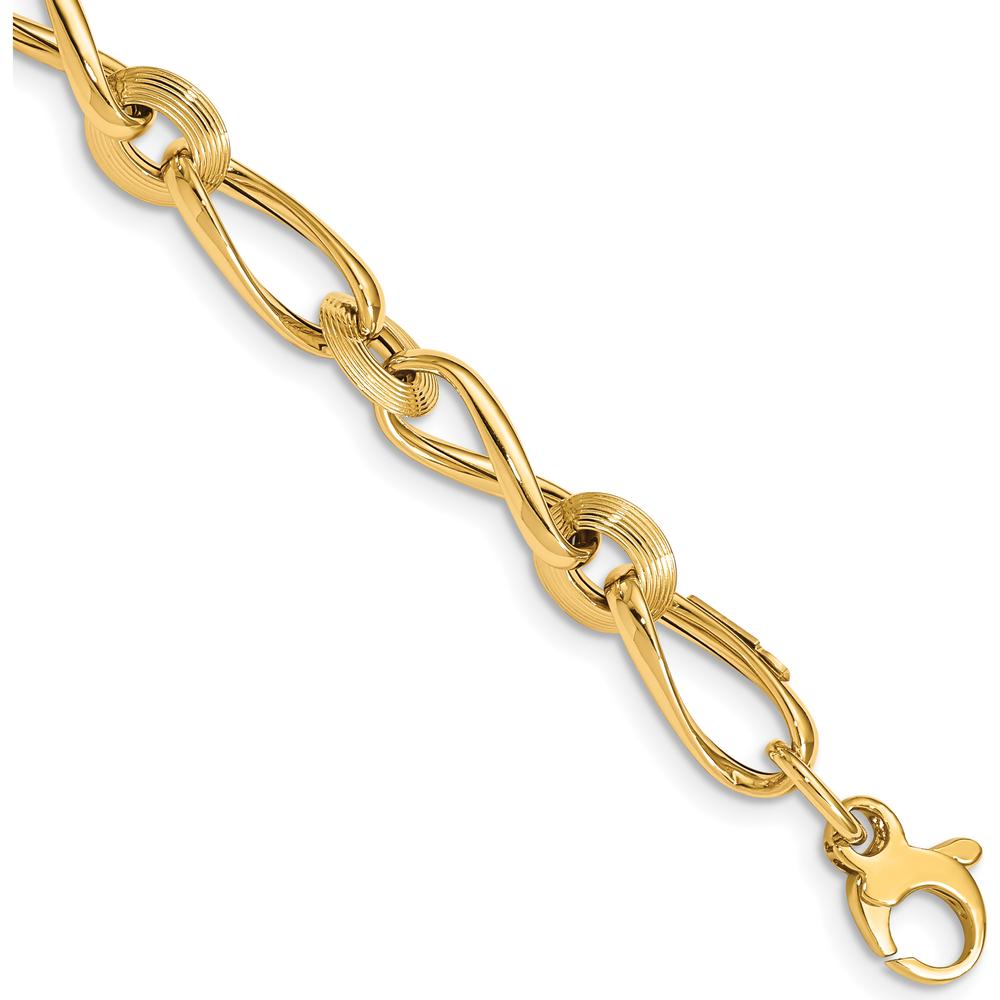14K Yellow Gold Polished and Grooved Fancy Twisted Link Bracelet - 8" Length with 0.5" Extender by 0