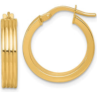 14K Yellow Gold Polished and Grooved Tube Hoop Earrings - 19mm Length, 18.5mm Width by 0