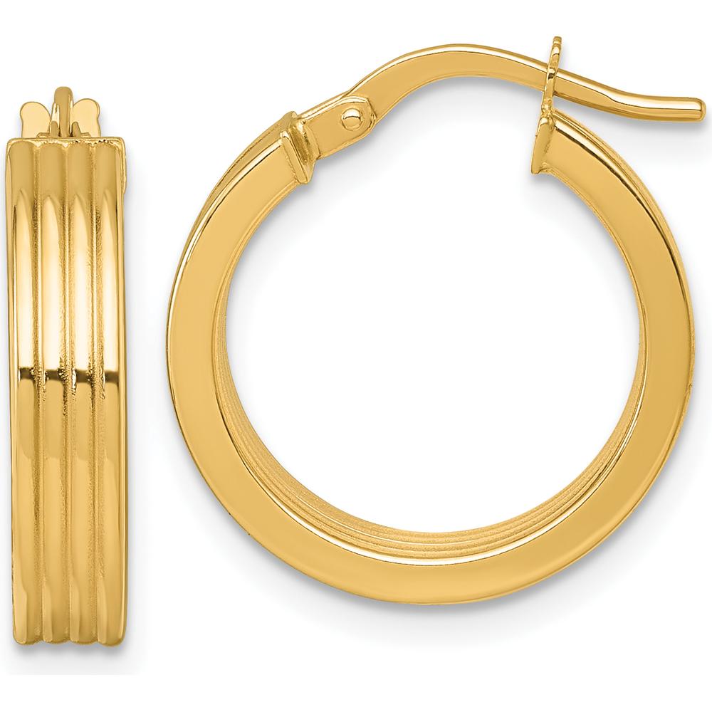 14K Yellow Gold Polished and Grooved Tube Hoop Earrings - 19mm Length, 18.5mm Width by 0