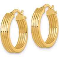 14K Yellow Gold Polished and Grooved Tube Hoop Earrings - 19mm Length, 18.5mm Width by 0
