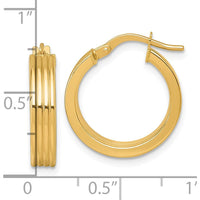14K Yellow Gold Polished and Grooved Tube Hoop Earrings - 19mm Length, 18.5mm Width by 0