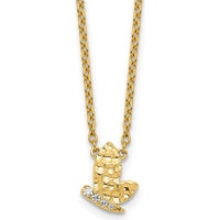 14K Yellow Gold Polished and Hammered Butterfly Necklace with 1/20 Carat Total Round Diamonds by Oro Pregiato