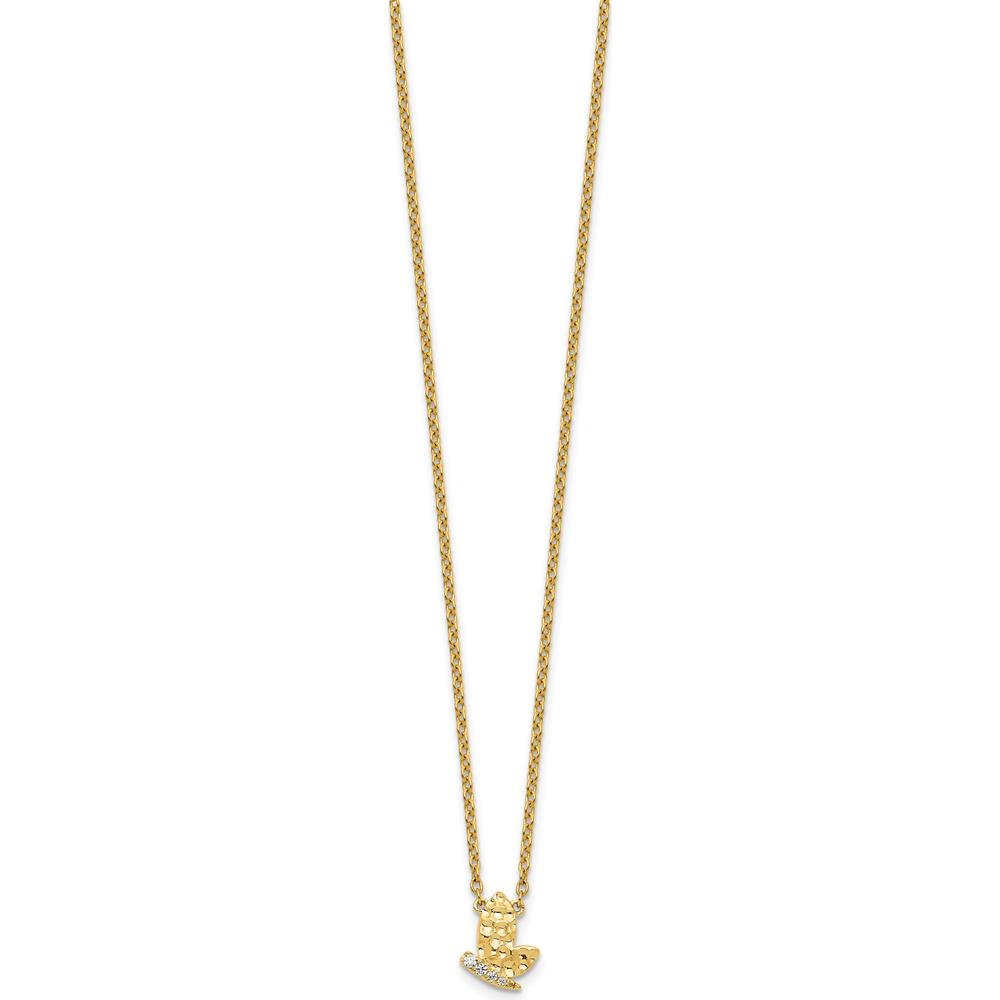 14K Yellow Gold Polished and Hammered Butterfly Necklace with 1/20 Carat Total Round Diamonds by Oro Pregiato