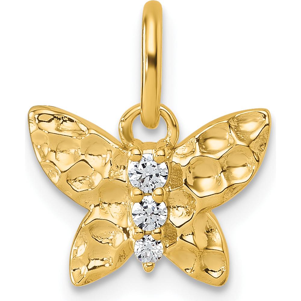 14K Yellow Gold Polished and Hammered Butterfly Pendant with 3 Round Diamonds - 0.05 Carat Total Diamond Weight by Oro Pregiato