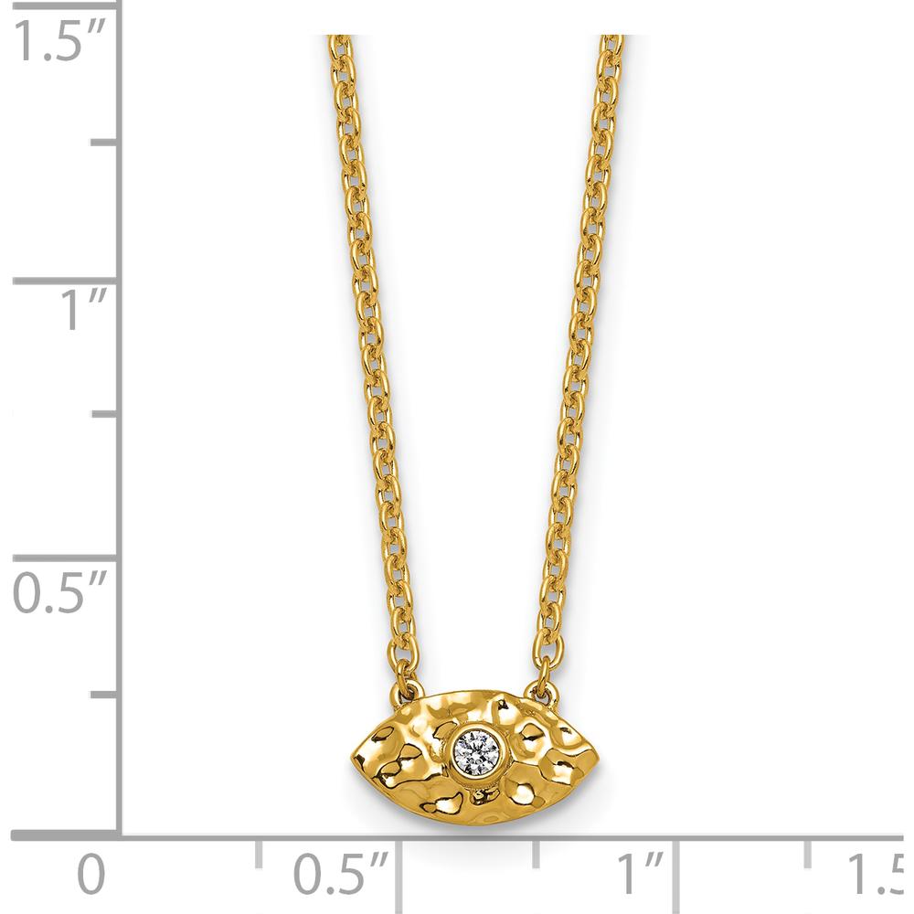 14K Yellow Gold Polished and Hammered Evil Eye Necklace with 1 Round Diamond - 1/20 Carat Total Diamond Weight by Oro Pregiato