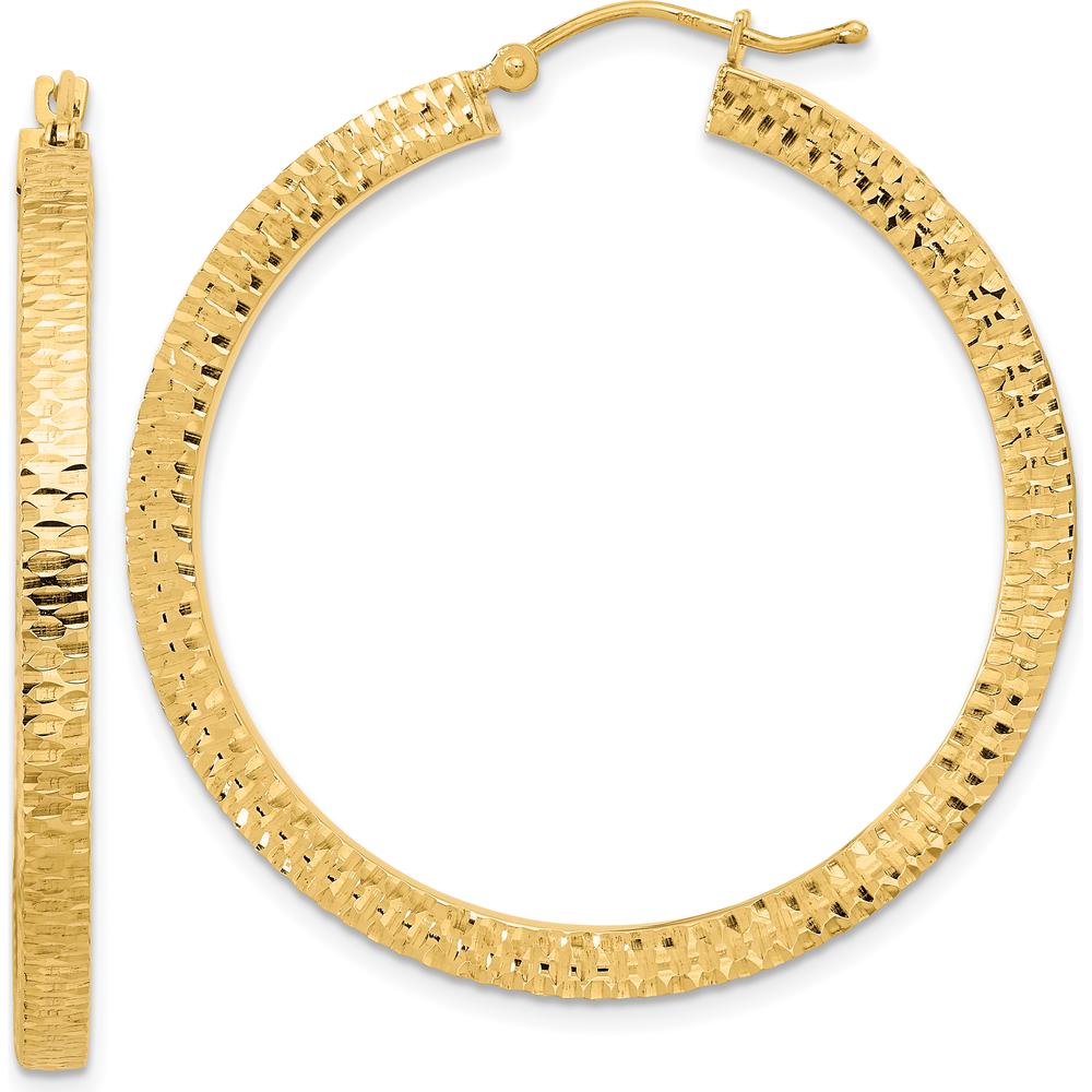 14K Yellow Gold Polished & Hammered Hoop Earrings - 40.64mm Length by 0