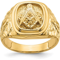 14K Yellow Gold Polished and Nugget Texture Masonic Ring with Raised Square and Compass Emblem by IBGoodman
