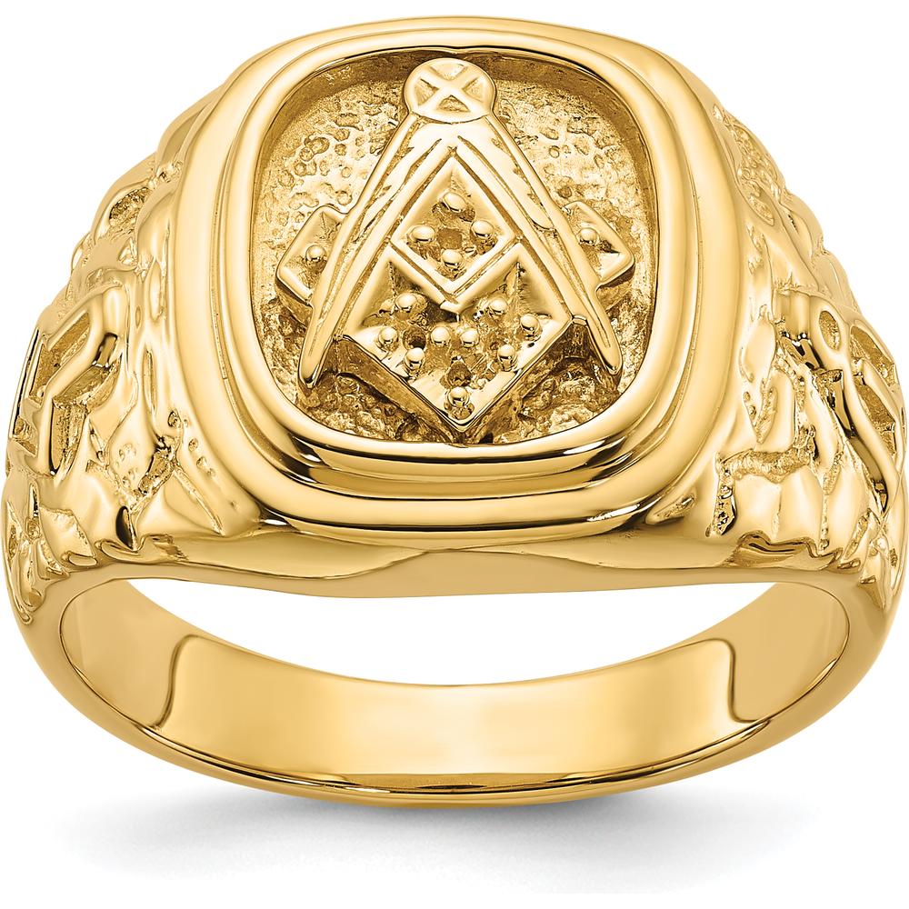 14K Yellow Gold Polished and Nugget Texture Masonic Ring with Raised Square and Compass Emblem by IBGoodman