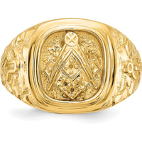 14K Yellow Gold Polished and Nugget Texture Masonic Ring with Raised Square and Compass Emblem by IBGoodman