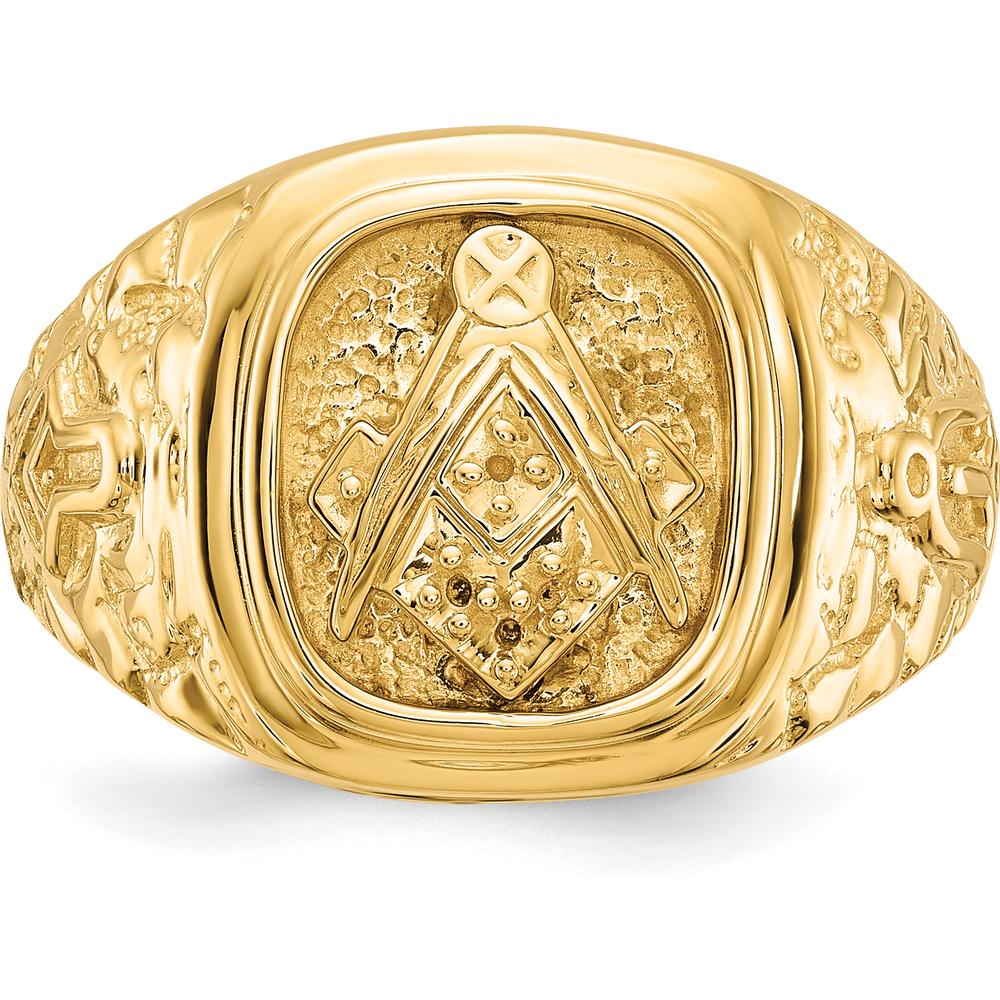 14K Yellow Gold Polished and Nugget Texture Masonic Ring with Raised Square and Compass Emblem by IBGoodman