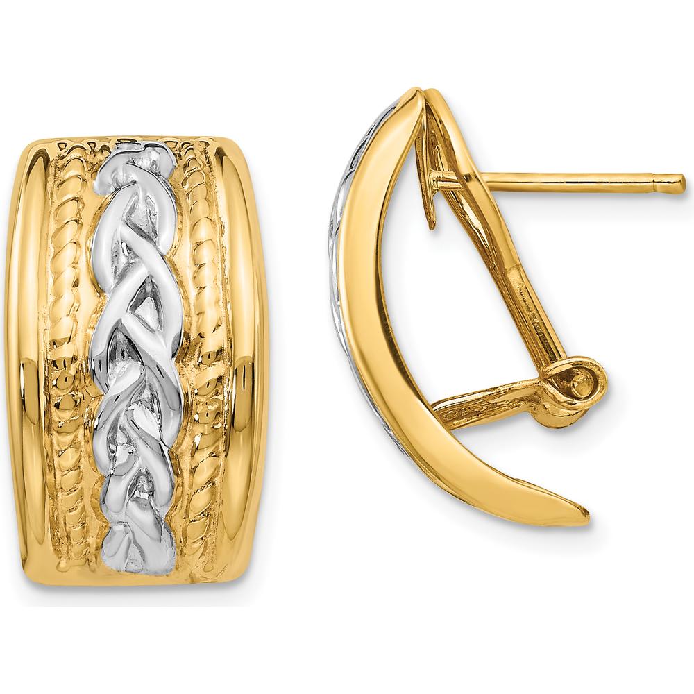 14K Yellow Gold Polished & Rhodium Omega Back J-Hoop Earrings by 0