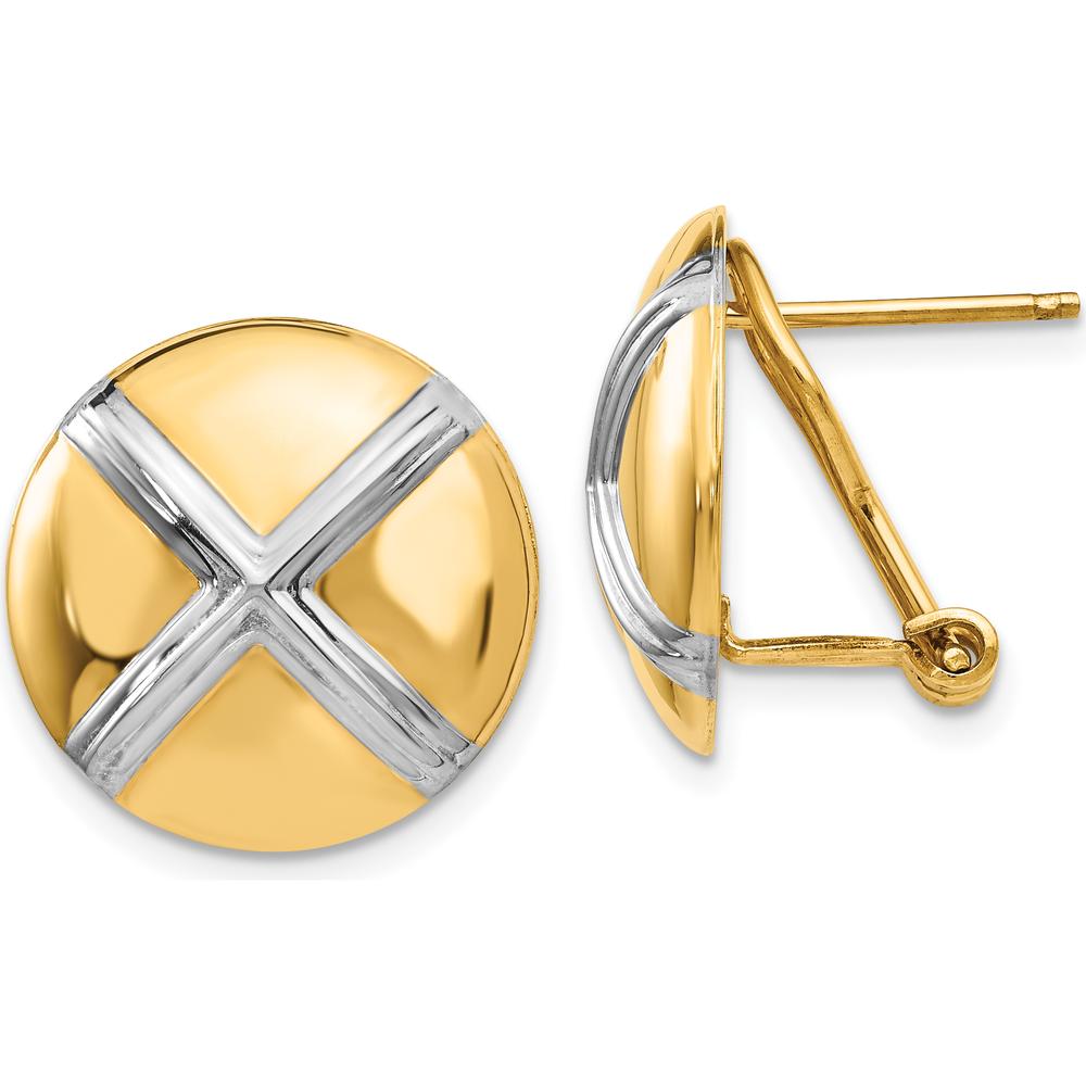 14K Yellow Gold Polished & Rhodium X Omega Back Post Button Earrings by 0