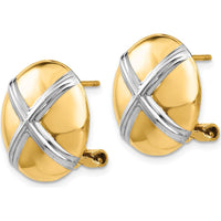 14K Yellow Gold Polished & Rhodium X Omega Back Post Button Earrings by 0